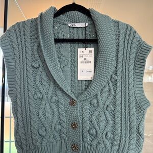 Women's Zara NWT Jewel Cable Knit Sweater Vest - Teal